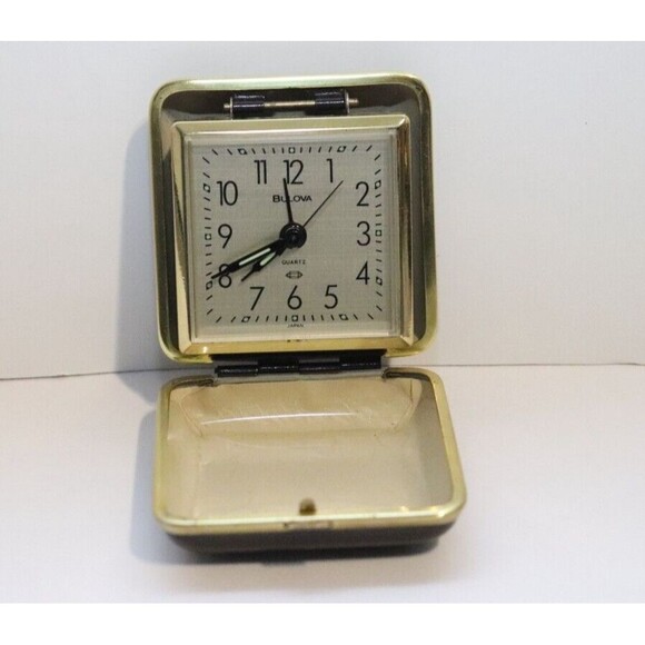 VTG Bulova Key Wind Travel Alarm Clock Black Case With Gold Trim - Picture 1 of 4